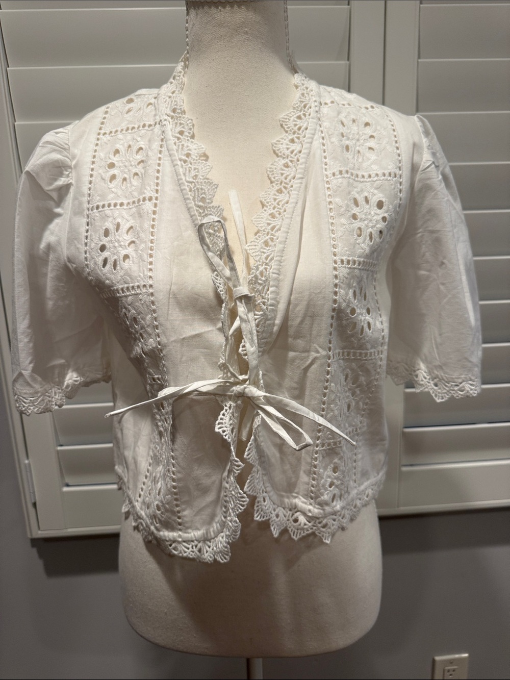 White Lace Tie-Front Cotton Blouse